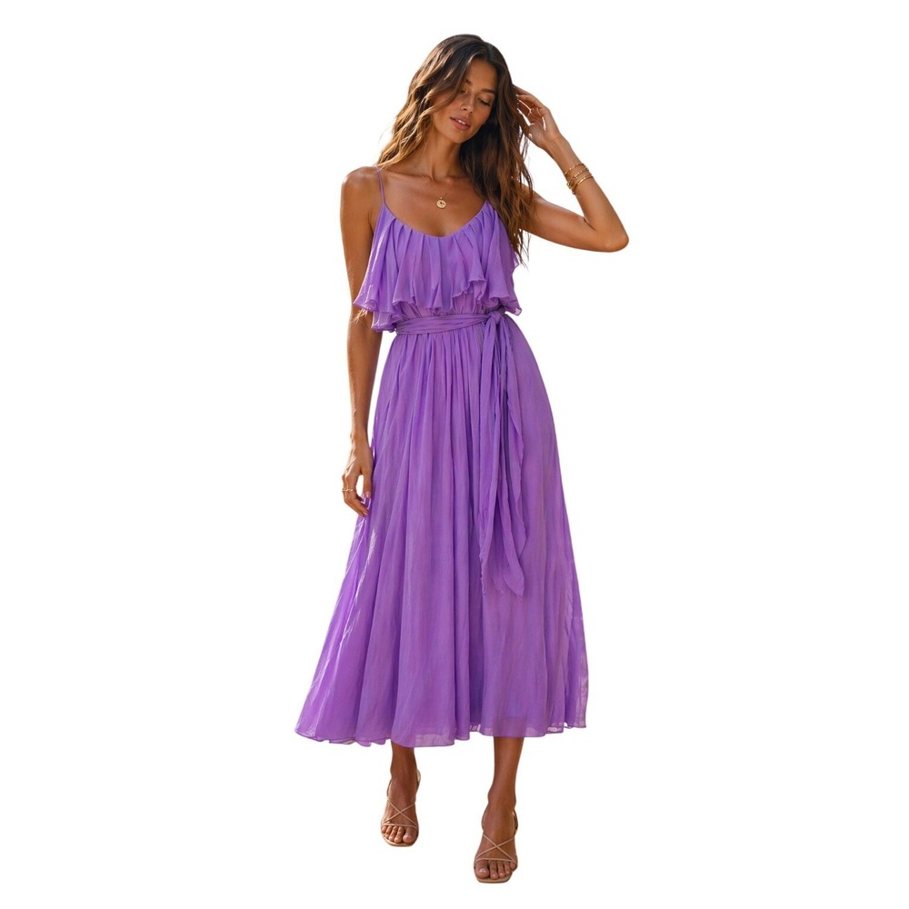 Miguelina Elizabeth Silk Chiffon Maxi Dress Lilac Ruffle Strappy M NWT Wedding